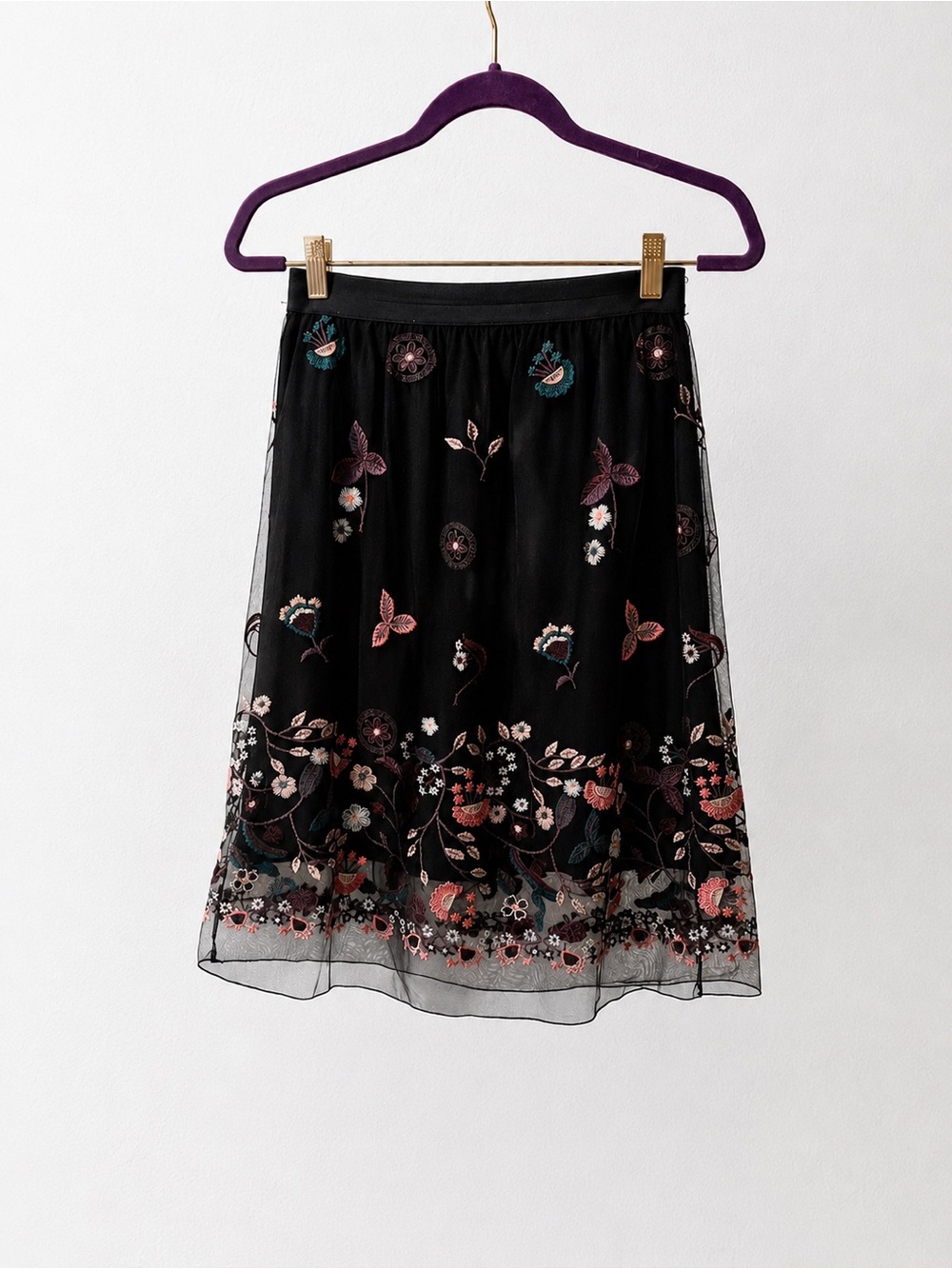 Elena Baldi Italy Embroidered Mesh Skirt Floral Midi L (Fits M ）Elastic Waist